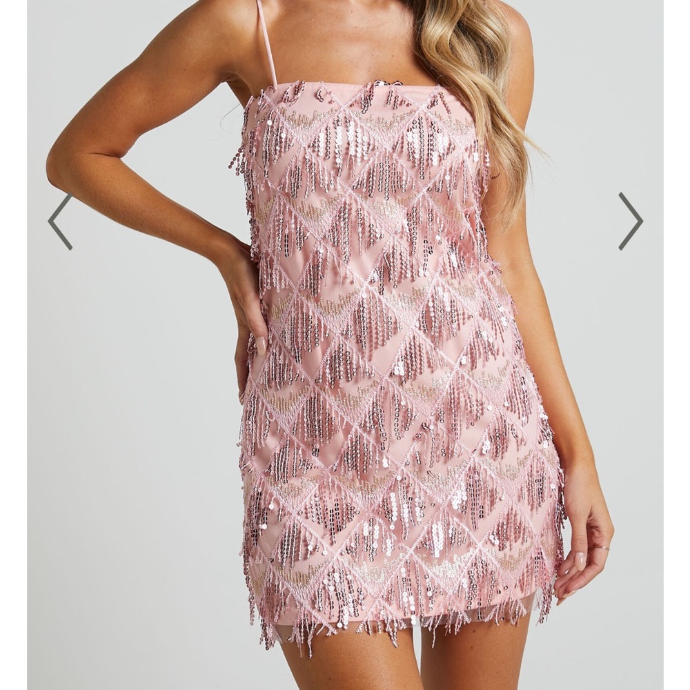 Showpo Shook Mini Dress - Cami Sequence Fringe Dress in Pink Sequin
